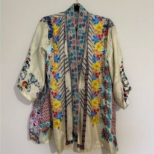 Johnny Was Silk Kimono with Embroidered Lapel XS